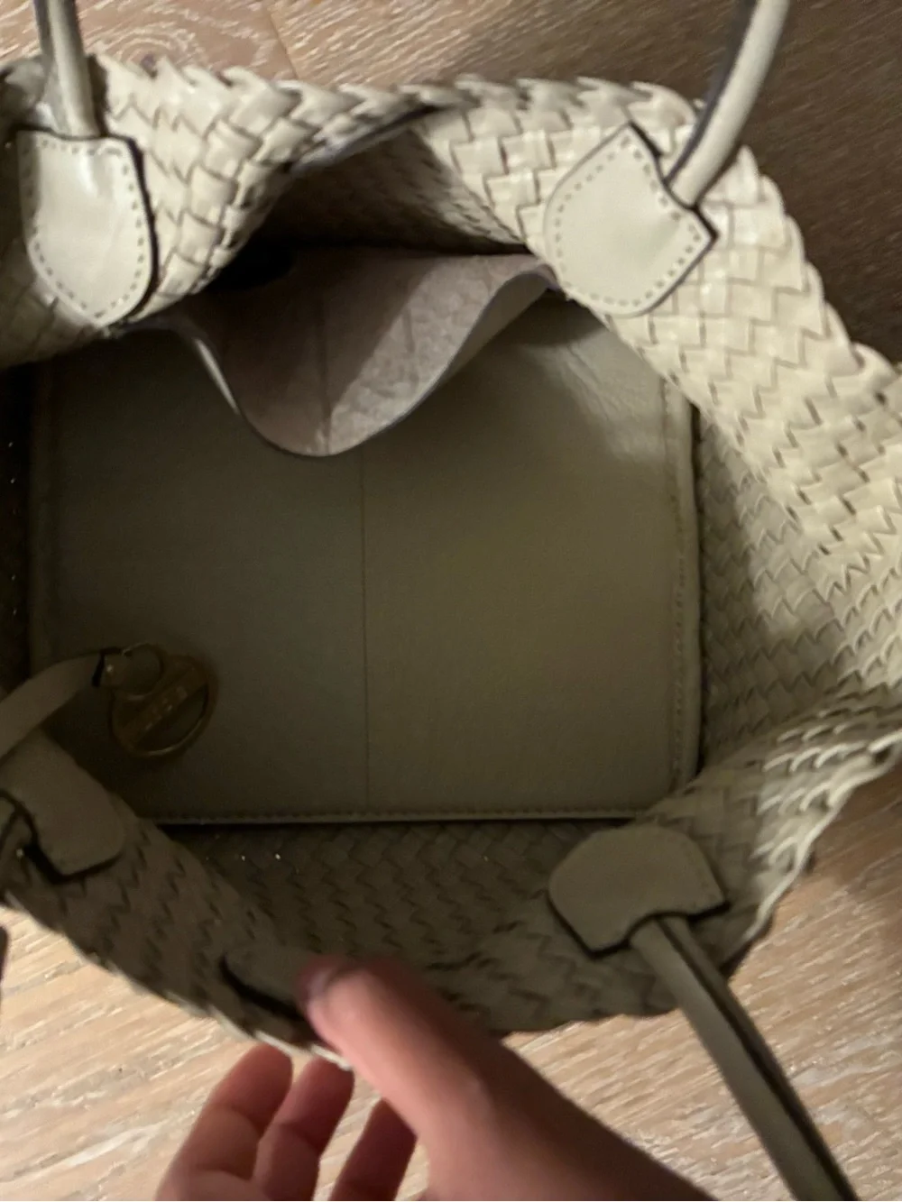 Lodis Woven Leather Shoulder Bag Taupe Gold Hardware